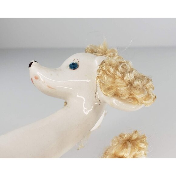 Mid Century Long Neck Poodle Figurine Blue Rhinestone Eyes Fuzzy Hair - Picture 7 of 7